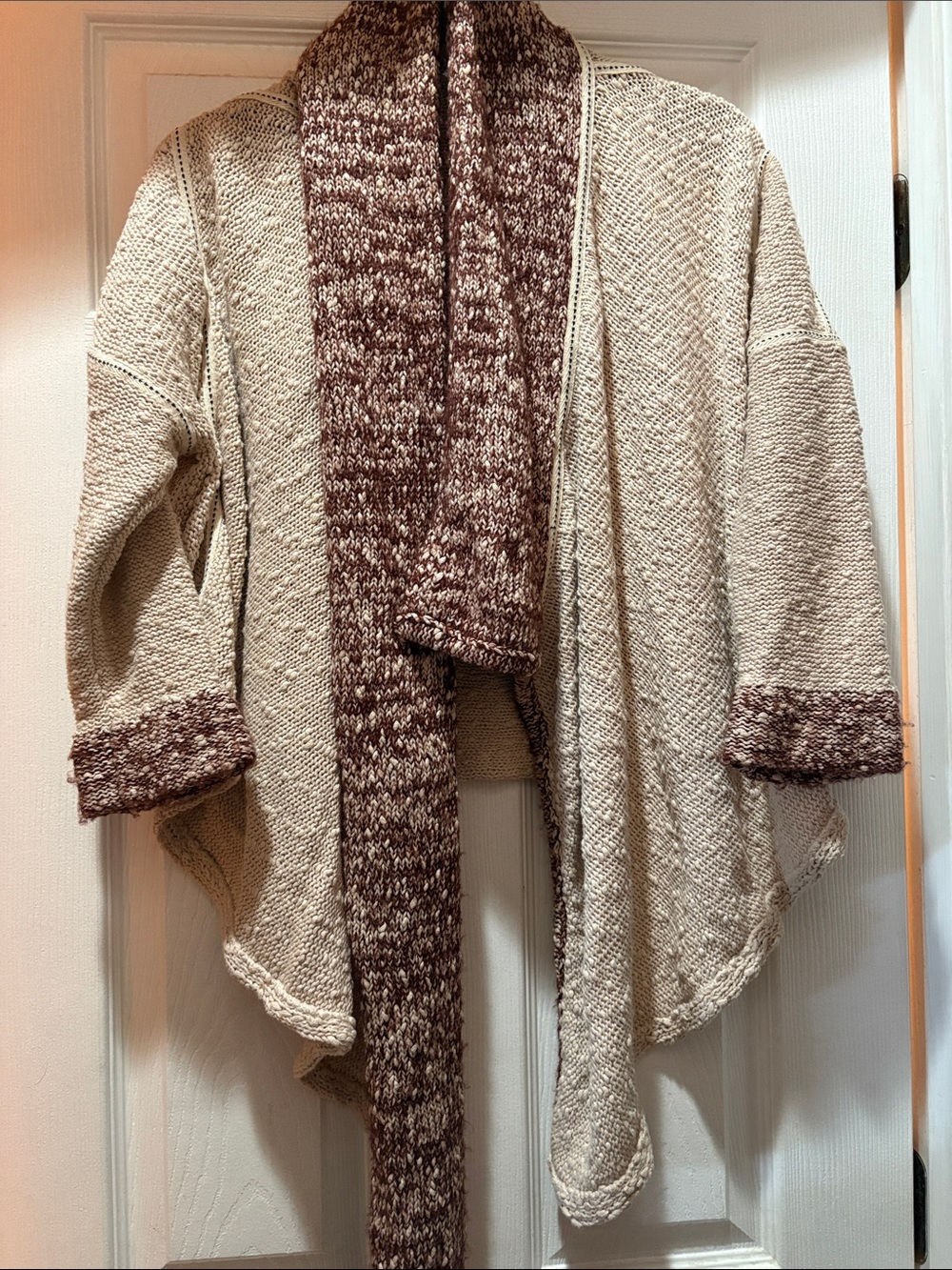 Field fFower Cozy Open-Front wrap Cream Knit Sweater with Brown Trim M/L